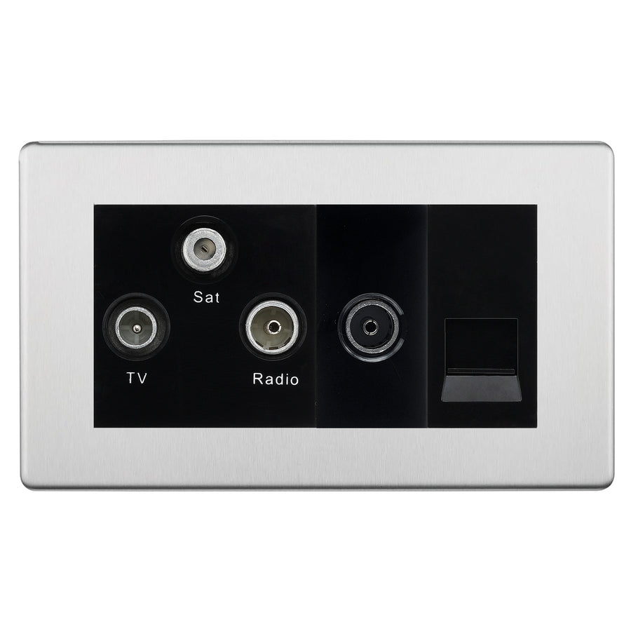 BG Screwless Brushed Steel TV/FM/SAT + Return & 1 Gang Tel - Screened Triplex Socket FBS68B